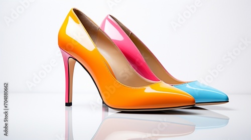a pair of colorful women's heels on a spotless white background.