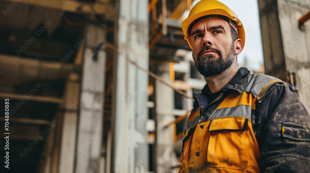 Portrait of a construction worker dressed in work uniform and wearing a hard hat. He is posing at his work site, a building under construction Portrait of a construction worker dressed in work uniform and wearing a hard hat. He is posing at his work site, a building under construction