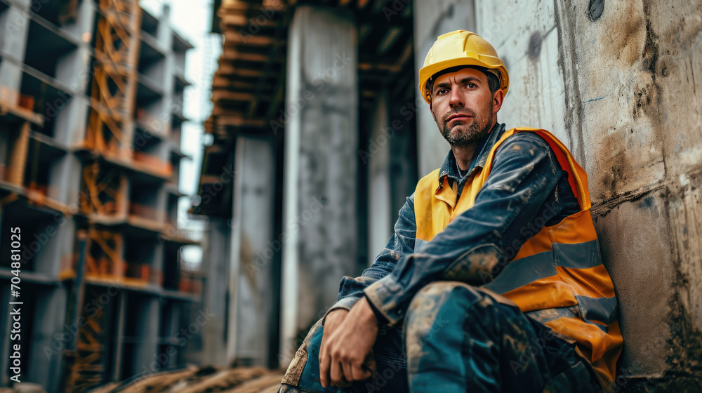 Portrait of a construction worker dressed in work uniform and wearing a hard hat. He is posing at his work site, a building under construction Portrait of a construction worker dressed in work uniform and wearing a hard hat. He is posing at his work site, a building under construction