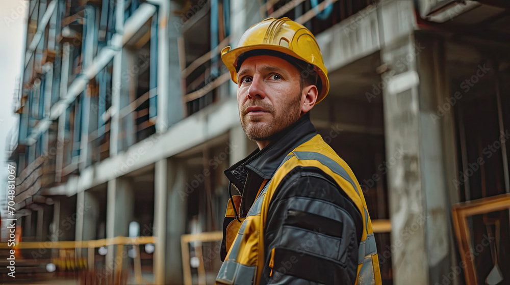 Fototapeta premium Portrait of a construction worker dressed in work uniform and wearing a hard hat. He is posing at his work site, a building under construction
