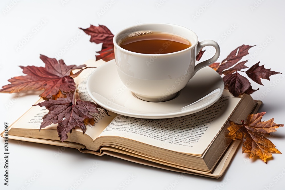 A book and coffee on a white background