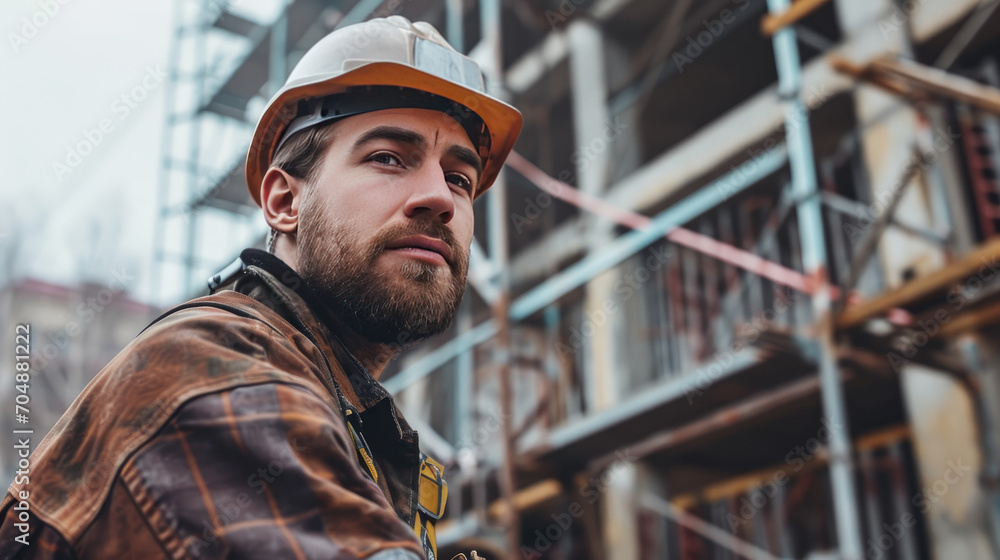Portrait of a construction worker dressed in work uniform and wearing a hard hat. He is posing at his work site, a building under construction Portrait of a construction worker dressed in work uniform and wearing a hard hat. He is posing at his work site, a building under construction