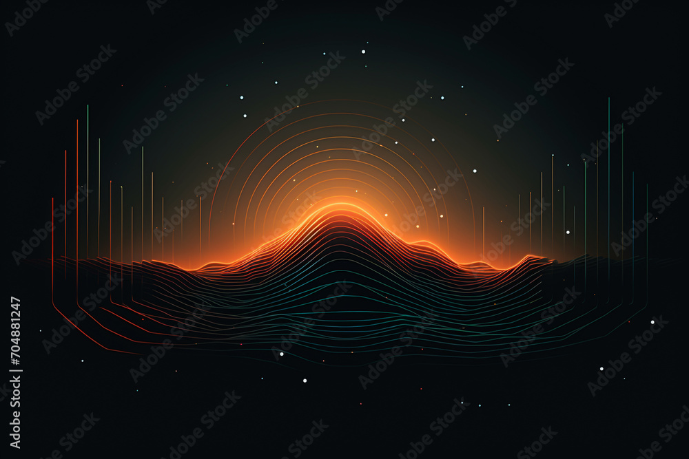 Graphic resources concept. Abstract colorful spectrum illustration. Various vivid colorful light rays or sound waves background with copy space. Grunge retro vintage style on black background - obrazy, fototapety, plakaty 