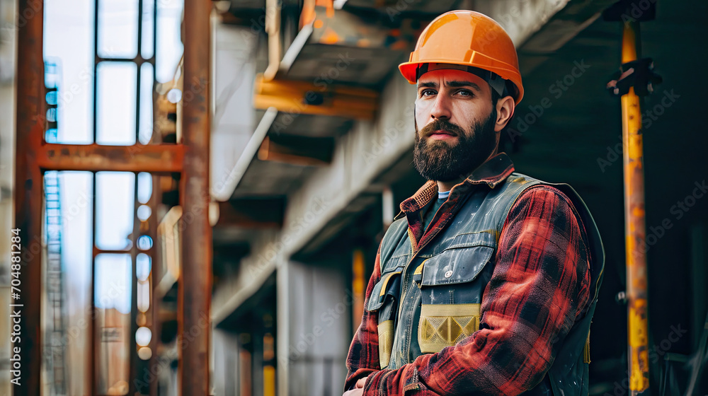 Portrait of a construction worker dressed in work uniform and wearing a hard hat. He is posing at his work site, a building under construction Portrait of a construction worker dressed in work uniform and wearing a hard hat. He is posing at his work site, a building under construction