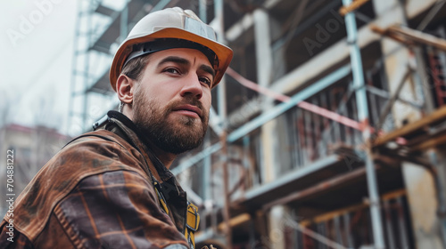 Portrait of a construction worker dressed in work uniform and wearing a hard hat. He is posing at his work site, a building under construction