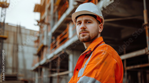 Portrait of a construction worker dressed in work uniform and wearing a hard hat. He is posing at his work site, a building under construction