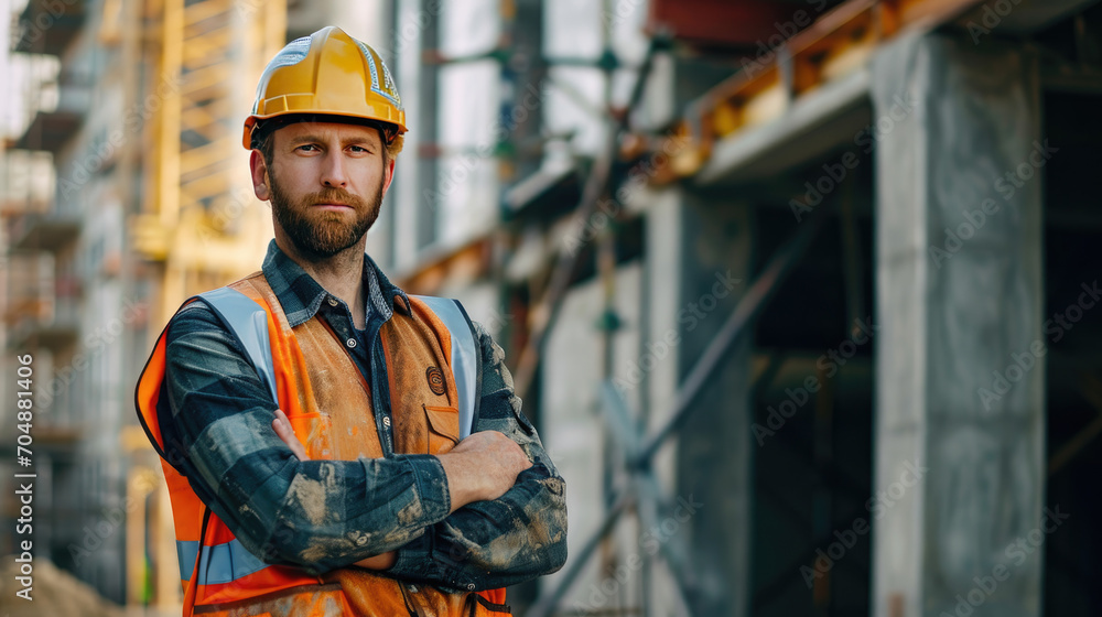 Portrait of a construction worker dressed in work uniform and wearing a hard hat. He is posing at his work site, a building under construction Portrait of a construction worker dressed in work uniform and wearing a hard hat. He is posing at his work site, a building under construction