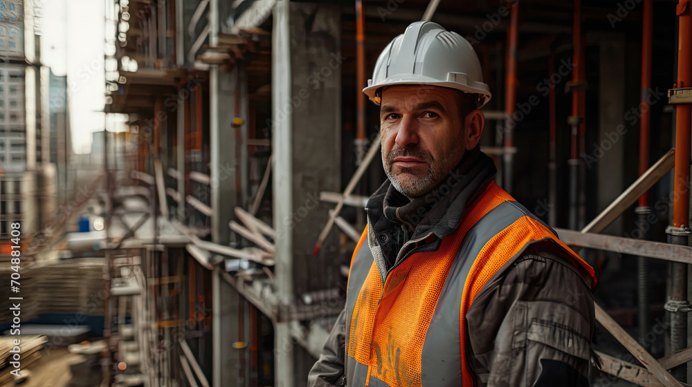 Portrait of a construction worker dressed in work uniform and wearing a hard hat. He is posing at his work site, a building under construction Portrait of a construction worker dressed in work uniform and wearing a hard hat. He is posing at his work site, a building under construction