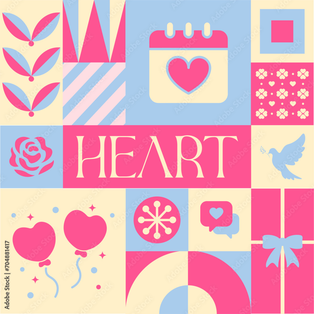 Valentine Heart seamless pattern in scandinavian style postcard with Retro clean concept design
