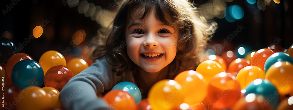 Cute smiling kid in sponge ball pool looking at camera Cute smiling kid in sponge ball pool looking at camera