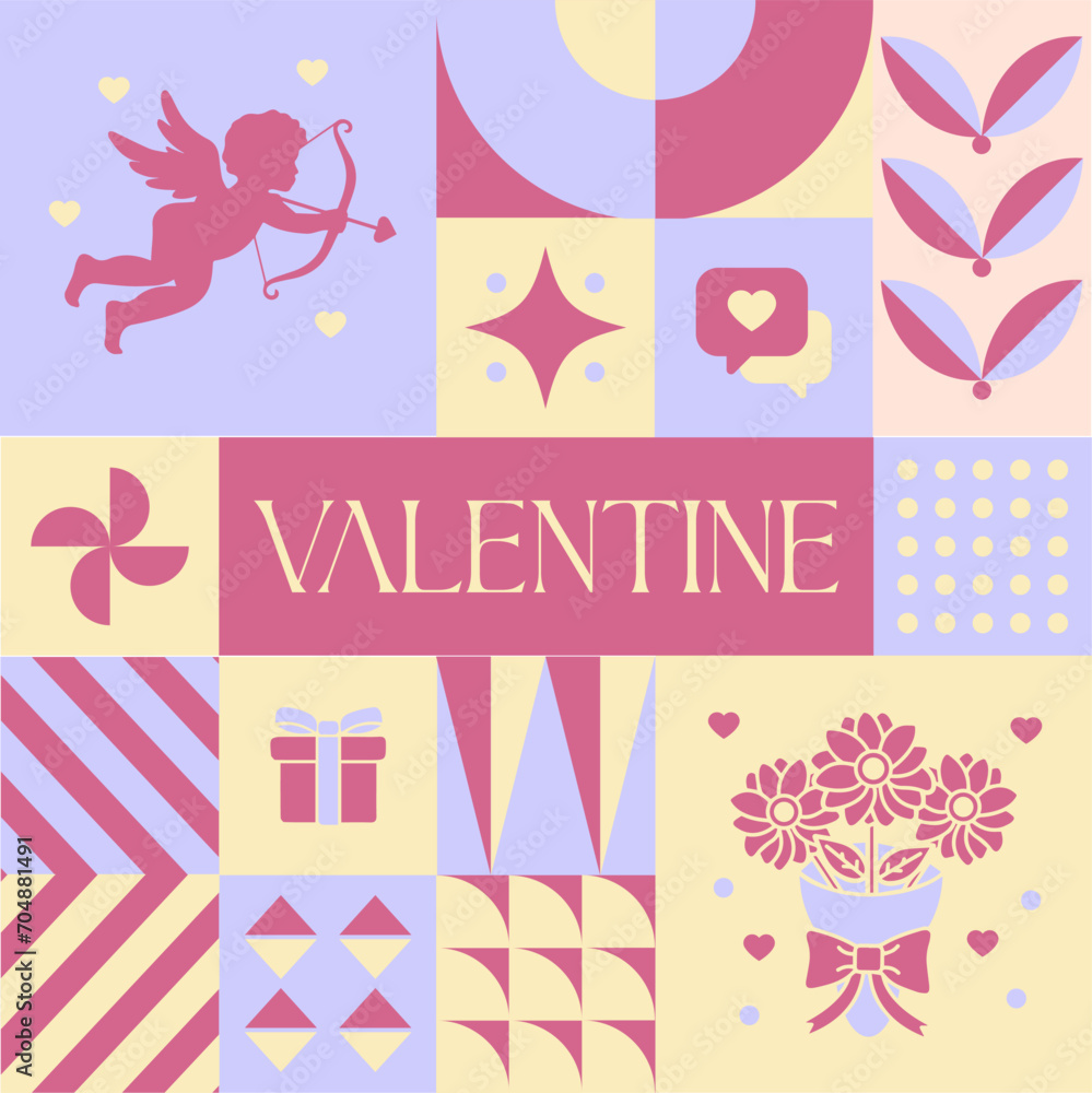 Valentine Love seamless pattern in scandinavian style postcard with Retro clean concept design