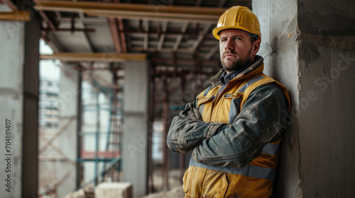 Portrait of a construction worker dressed in work uniform and wearing a hard hat. He is posing at his work site, a building under construction