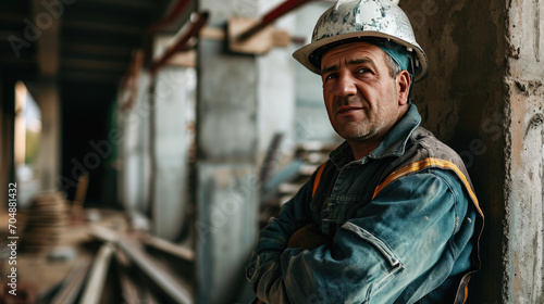 Portrait of a construction worker dressed in work uniform and wearing a hard hat. He is posing at his work site, a building under construction