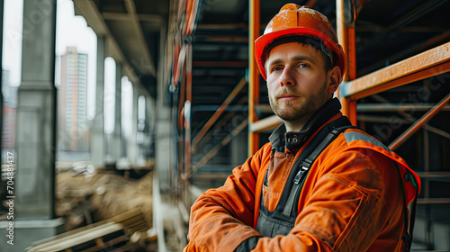 Portrait of a construction worker dressed in work uniform and wearing a hard hat. He is posing at his work site, a building under construction © Farnaces