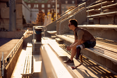 Man with a prosthetic running blade sitting outside on bleachers photo