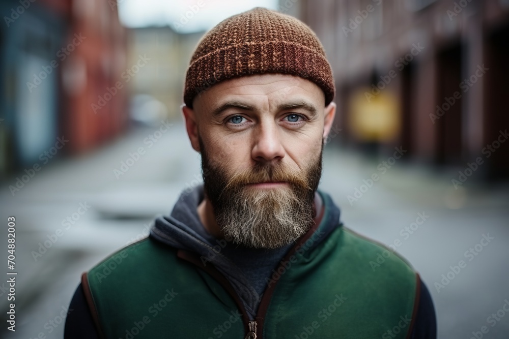Portrait of a handsome bearded man in a hat on the street Portrait of a handsome bearded man in a hat on the street