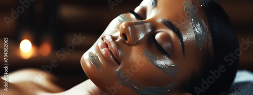 Face peeling mask, spa beauty treatment, skincare. Woman getting facial care by beautician at spa salon, side view, close-up photo