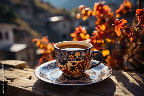 Cup of coffee against mountain backdrop, coffee image
