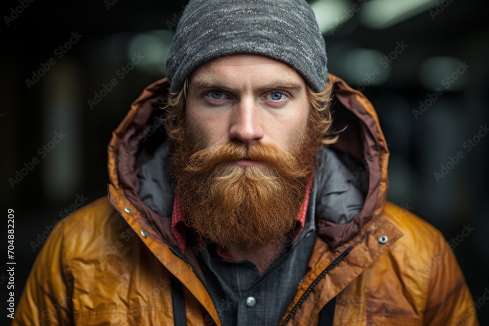 Portrait of a red-bearded man in a yellow jacket. Portrait of a red-bearded man in a yellow jacket.