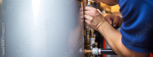 Professional plumber checking a boiler and pipes, boiler service concept photo