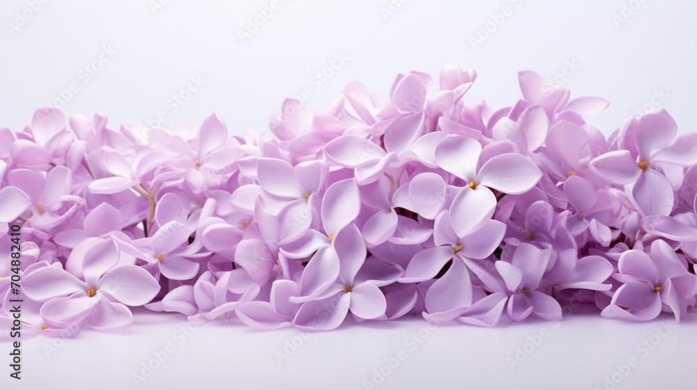 a pile of lilac petals, their fragrant blooms forming a gentle heap against a background of serene white, capturing the essence of floral elegance.