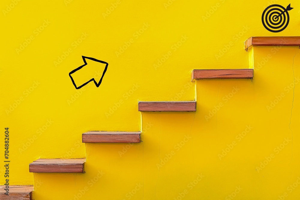 Wooden staircase with target - yellow wall as a guide - success ...