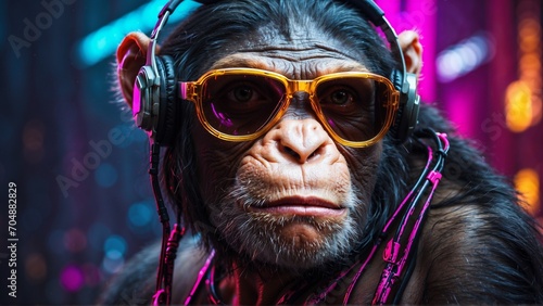 A wildly futuristic and technologically infused depiction of a chimpanzee in a neon cyberpunk setting.