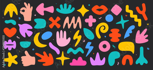 Mega set of trend abstract flat shapes in cartoon style. Collection of decorative elements for design in soft multicolored colors. Y2K.  Vector shapes Isolated on black background.