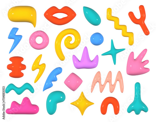 Set of trend abstract 3d shapes in cartoon style. Collection of realistic decorative elements for design in soft multicolored colors. Y2K.  Vector 3d shapes Isolated on white background.