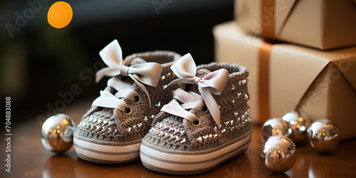 Handmade knitted gray baby shoe with gift boxes on wooden background