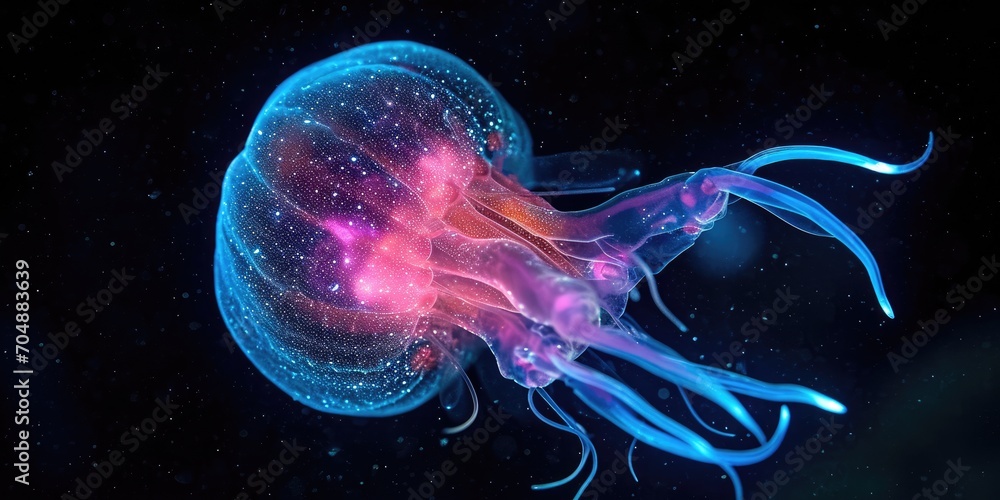 Fototapeta premium Bioluminescent Jellyfish Glowing Underwater, Marine Life and Ocean Beauty