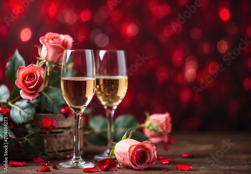 Romantic Celebration Of Valentine's Day with wine and Roses