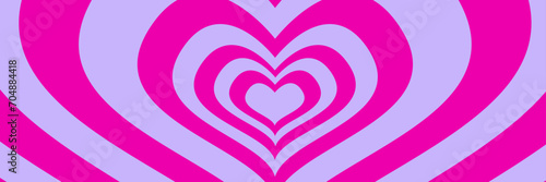 Psychedelic retro neon tunnel in the shape of a heart. Hypnotic rainbow romantic 70s background horizontal banner