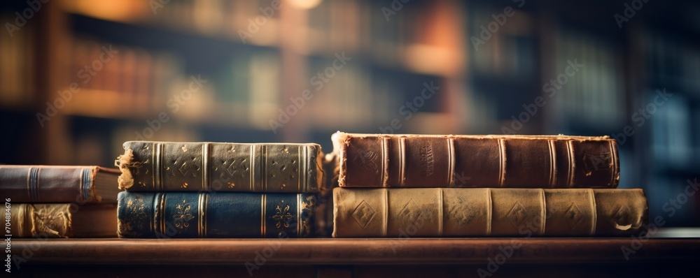 Banner or header image with stack of antique leather books in out of focus library background, lots of empty copy space Generative AI - obrazy, fototapety, plakaty 
