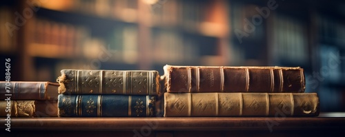 Banner or header image with stack of antique leather books in out of focus library background, lots of empty copy space Generative AI photo