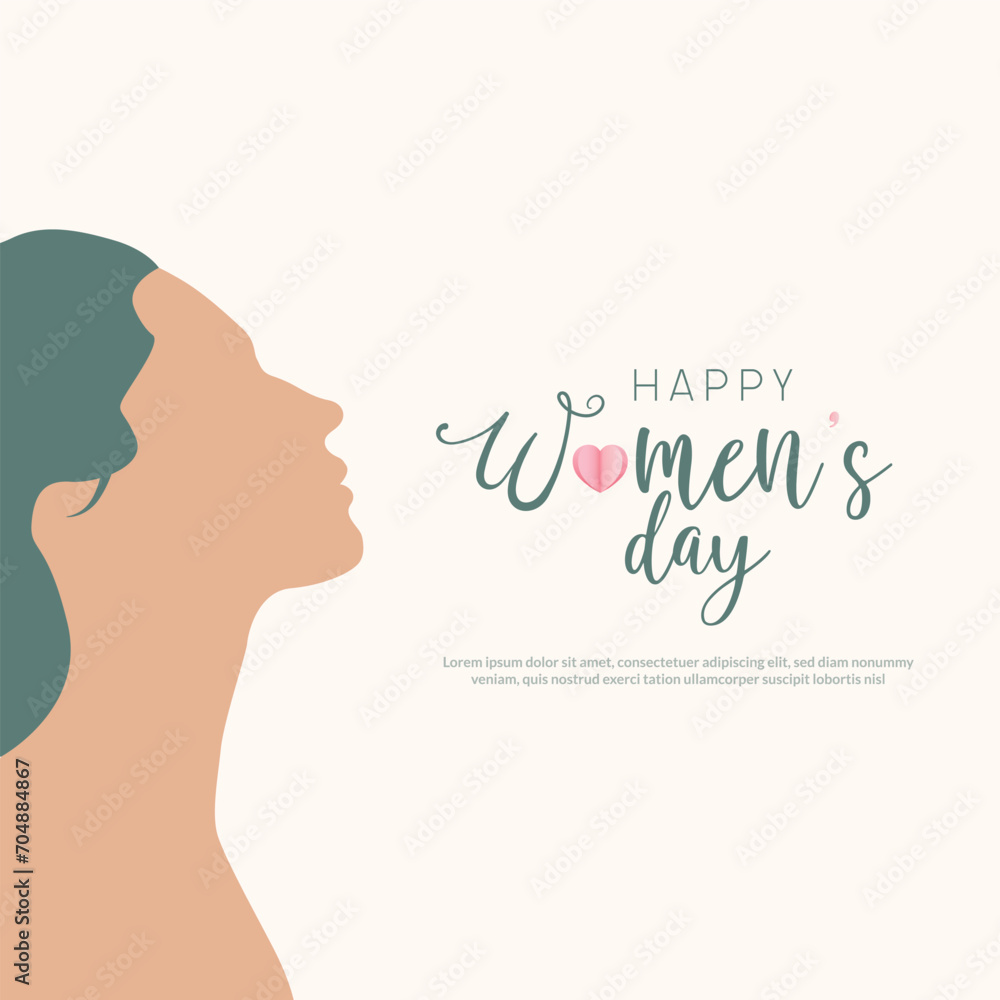 international womens day with heart 8 march greeting or wishing card pink color background with face banner, post, design vector illustration