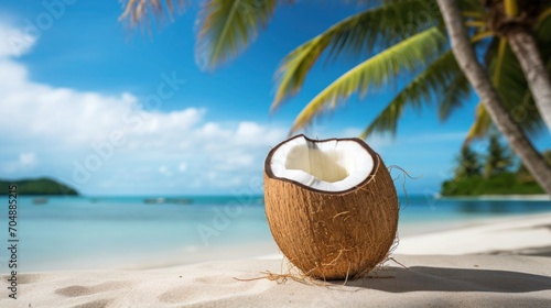 Fresh open coconut on the sand against the backdrop of the seascape and palm trees, Copy space