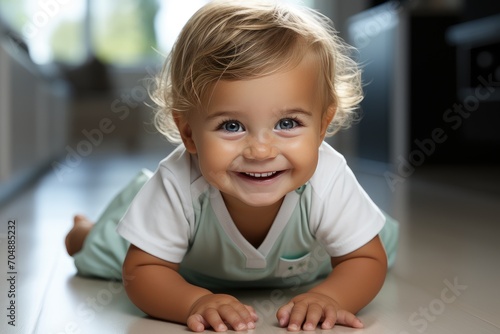 Smiling small little baby in diaper crawling on white floor background, in full growth. Textiles and bed linen for children. Family morning at home.