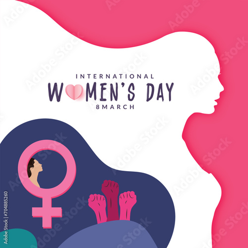 international womens day wishes with heart 8 march greeting or wishing card pink color background with social media women face banner, post, design vector illustration