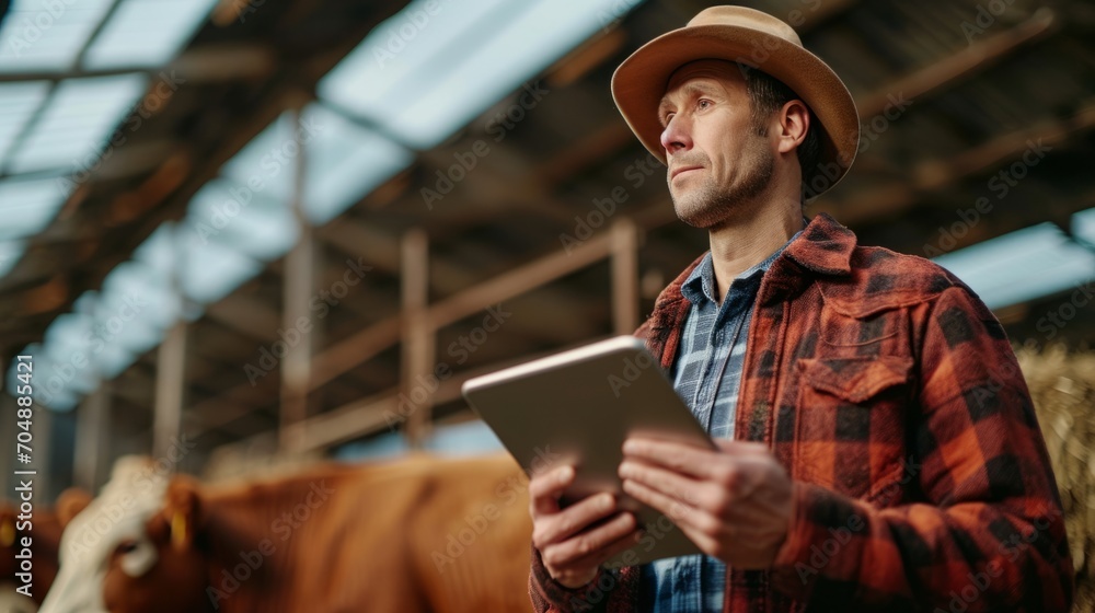 On a cow farm, the modern, tech-savvy farmer manages processes efficiently, holding a tablet in his hands to conduct research and enter data into a database On a cow farm, the modern, tech-savvy farmer manages processes efficiently, holding a tablet in his hands to conduct research and enter data into a database
