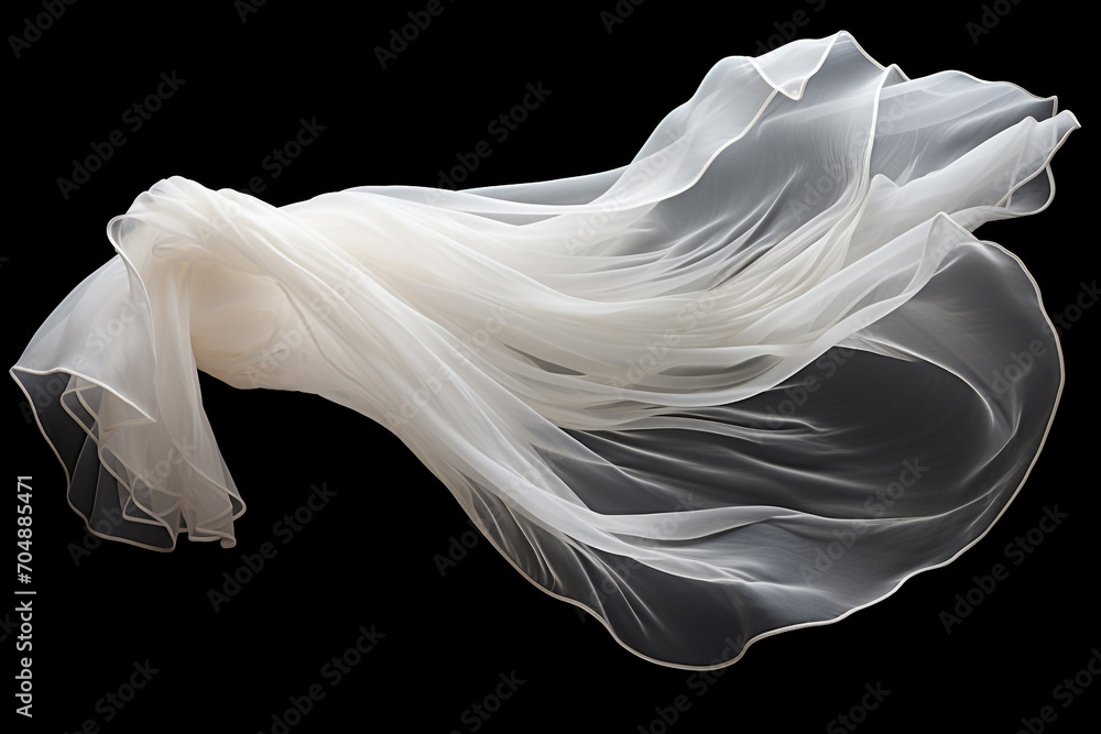 Graphic resources. Beautiful flying or levitating in air white fabric on black background with copy space Graphic resources. Beautiful flying or levitating in air white fabric on black background with copy space