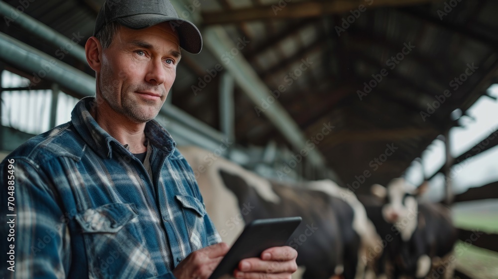 On a cow farm, the modern, tech-savvy farmer manages processes efficiently, holding a tablet in his hands to conduct research and enter data into a database On a cow farm, the modern, tech-savvy farmer manages processes efficiently, holding a tablet in his hands to conduct research and enter data into a database
