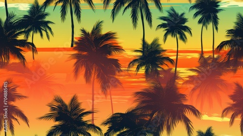 Palm trees, coconut trees and a vivid, multicolored sky game art, seamless for background