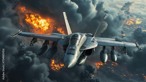 F16 Viper jet fighter flying low war explosions black smoke, wallpaper, Generative AI