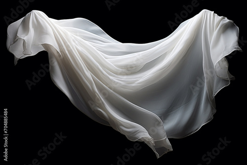 Graphic resources. Beautiful flying or levitating in air white fabric on black background with copy space photo