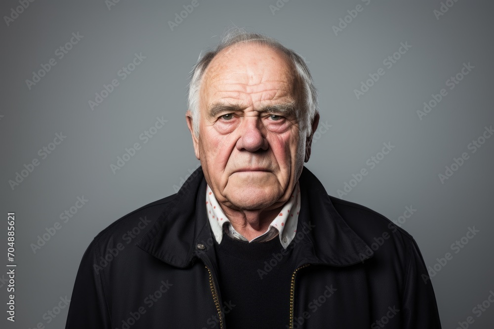 Portrait of an elderly man in a black hoodie on a gray background Portrait of an elderly man in a black hoodie on a gray background