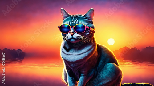 4K funny cute cat wearing sunglasses