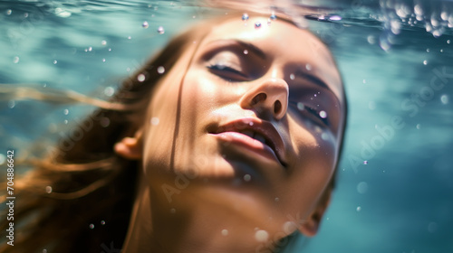 Underwater woman portrait in swimming pool. © alexkich