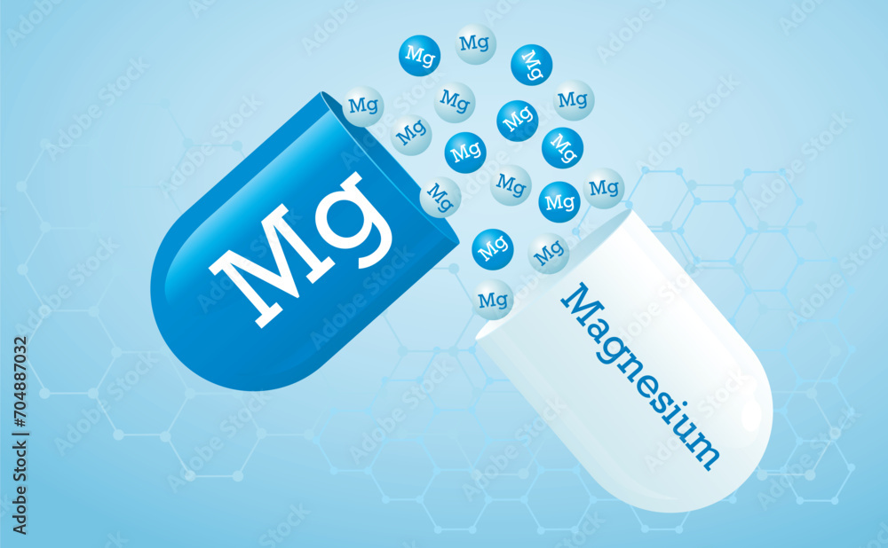 Magnesium capsule with Mg element icon, healthy food symbol. Medical minerals and macronutrients on a blue gradient background. poster. - obrazy, fototapety, plakaty 