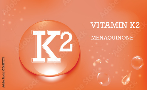 Vitamin K2, menaquinone. Water drops on a pink gradient background. Food supplement and healthy lifestyle. Poster.